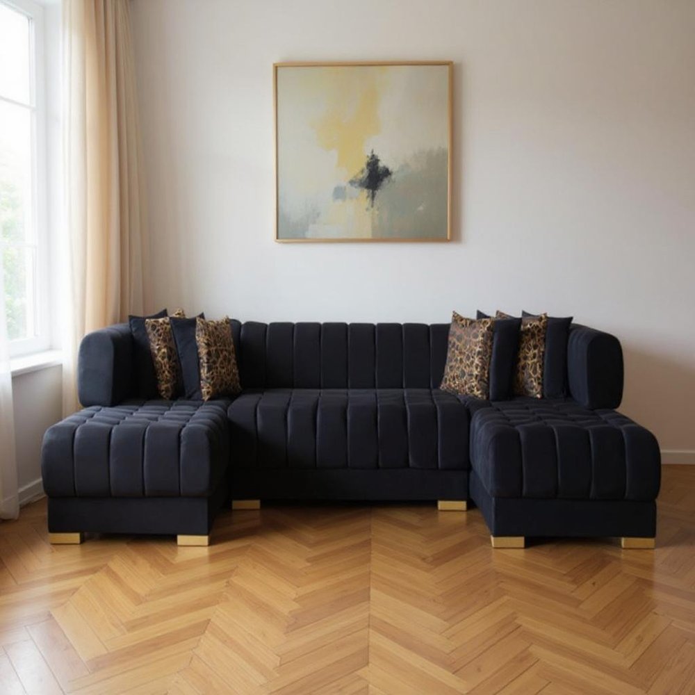 Black Velvet U Shaped Three Piece Sofa and Chaise Sectional with Toss Pillows