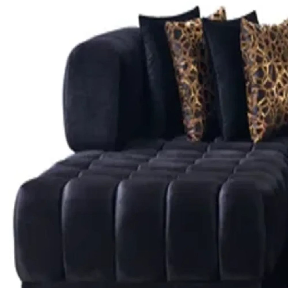 Black Velvet U Shaped Three Piece Sofa and Chaise Sectional with Toss Pillows