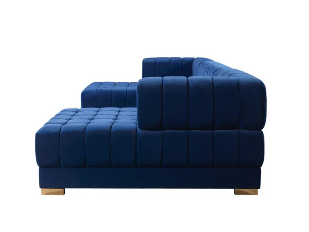 Blue Velvet U Shaped Three Piece Sofa and Chaise Sectional with Toss Pillows