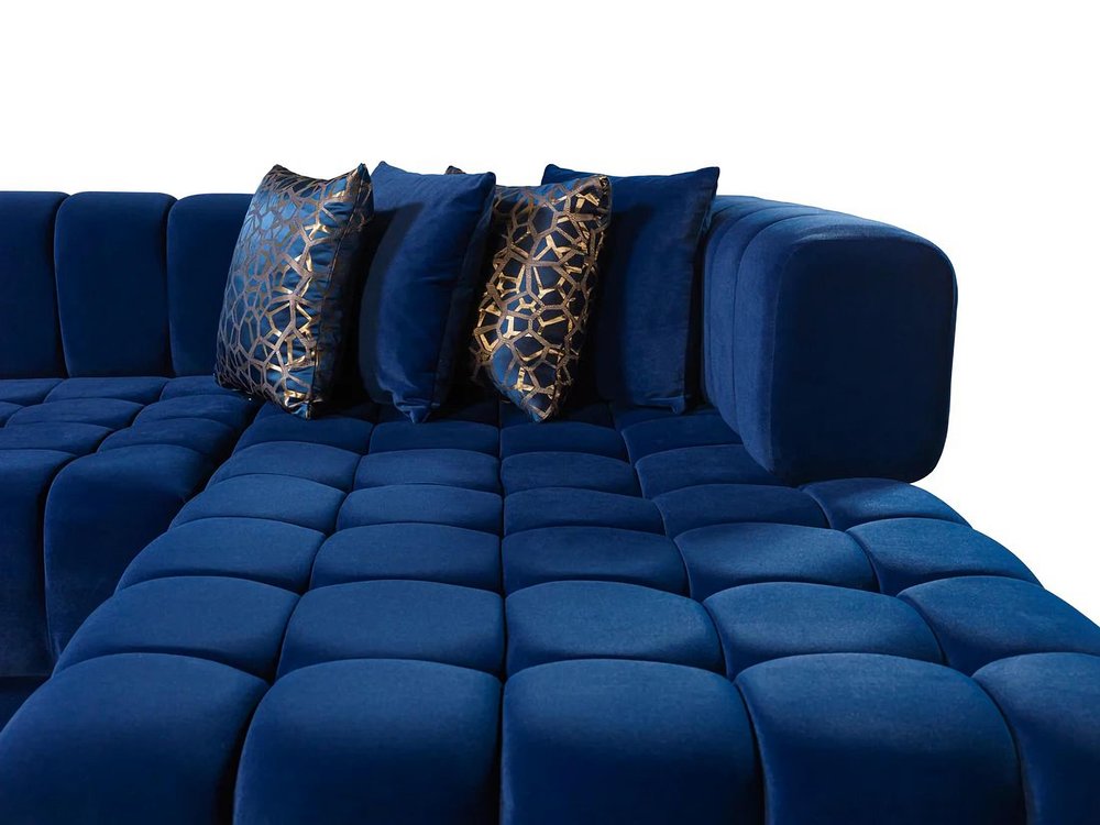 Blue Velvet U Shaped Three Piece Sofa and Chaise Sectional with Toss Pillows