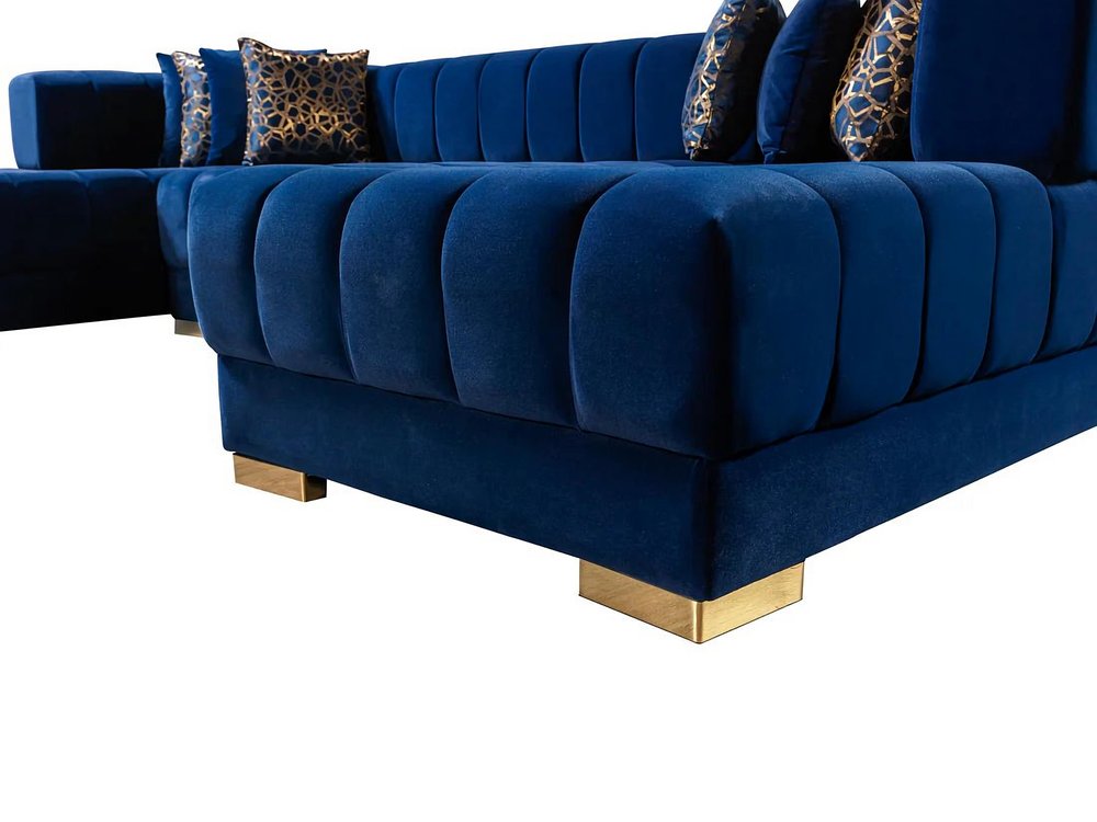 Blue Velvet U Shaped Three Piece Sofa and Chaise Sectional with Toss Pillows
