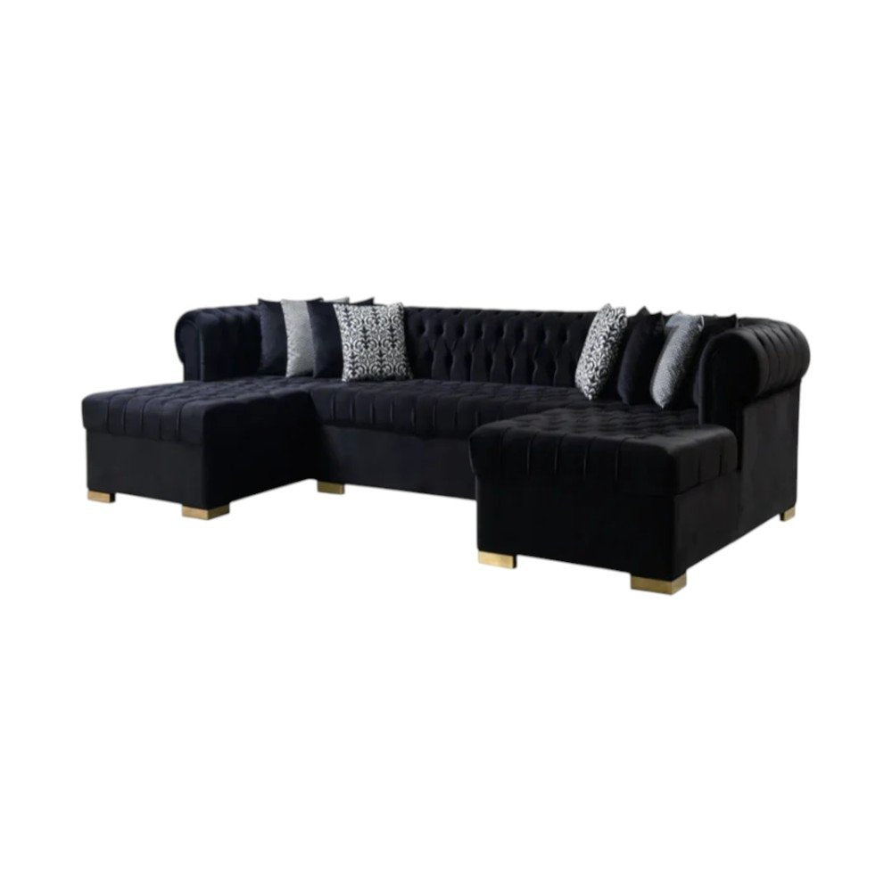 Black Velvet U Shaped Three Piece Sofa and Chaise Sectional with Toss Pillows