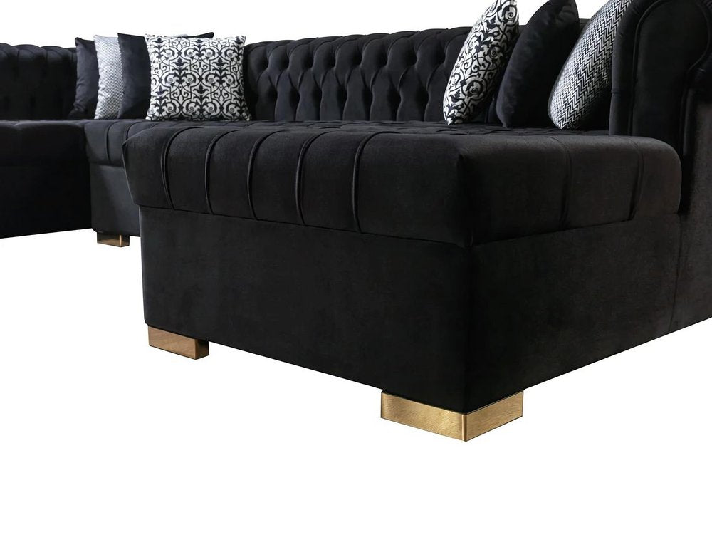 Black Velvet U Shaped Three Piece Sofa and Chaise Sectional with Toss Pillows
