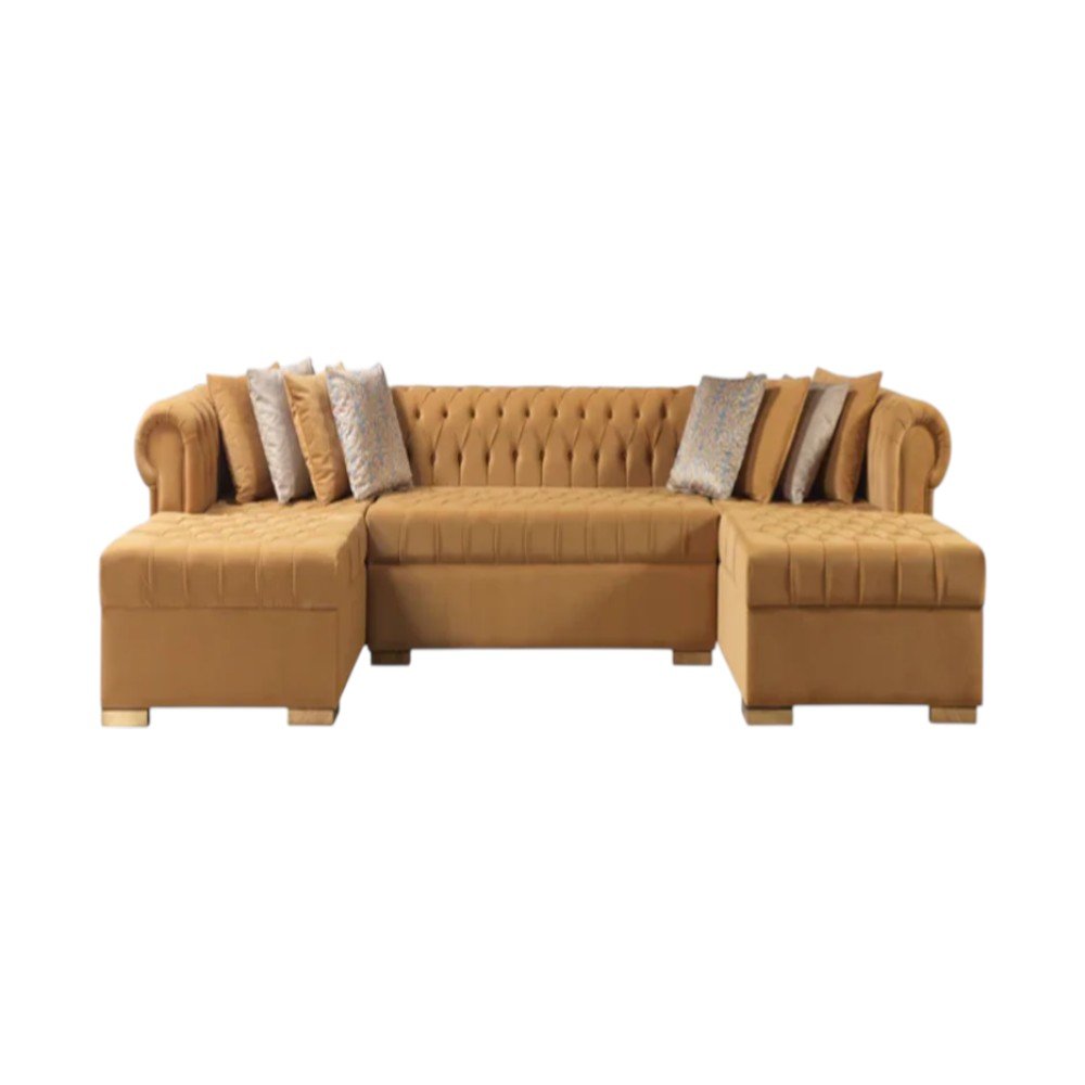 Mustard Velvet U Shaped Three Piece Sofa and Chaise Sectional with Toss Pillows