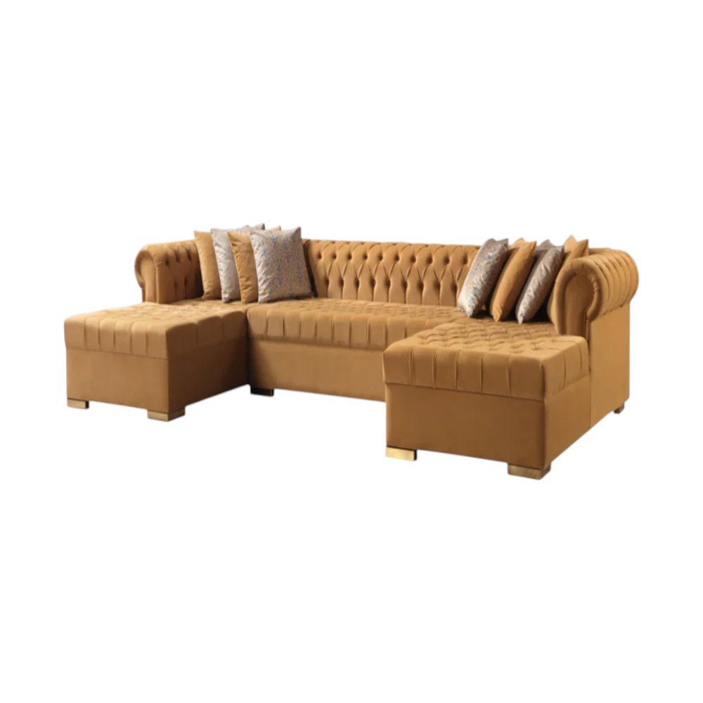 Mustard Velvet U Shaped Three Piece Sofa and Chaise Sectional with Toss Pillows