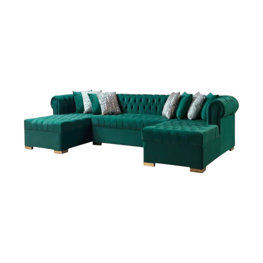 Green Velvet U Shaped Three Piece Sofa and Chaise Sectional with Toss Pillows