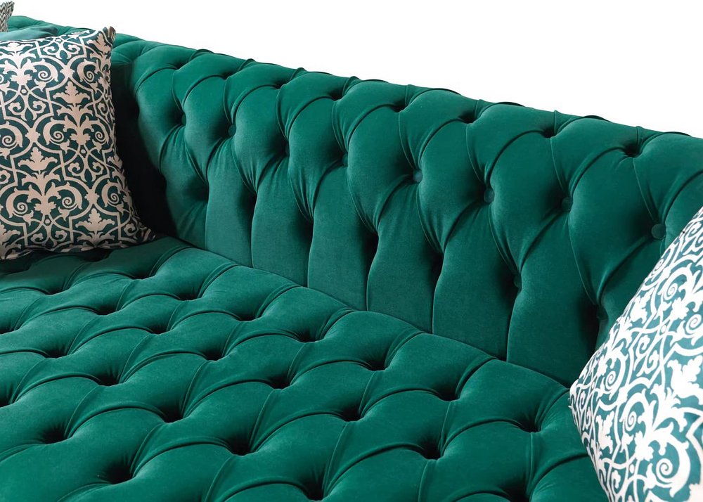 Green Velvet U Shaped Three Piece Sofa and Chaise Sectional with Toss Pillows