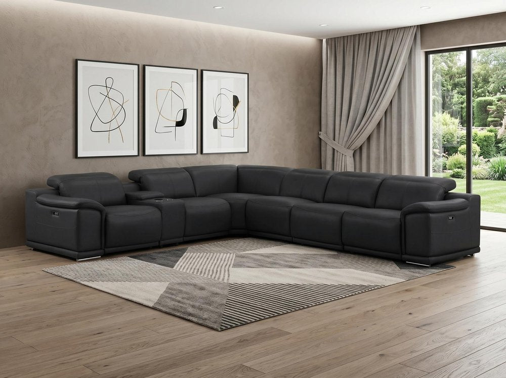 Black Leather Modular L Shaped Seven Piece Corner Sectional with Console