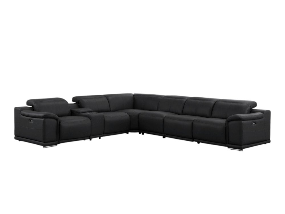 Black Leather Modular L Shaped Seven Piece Corner Sectional with Console