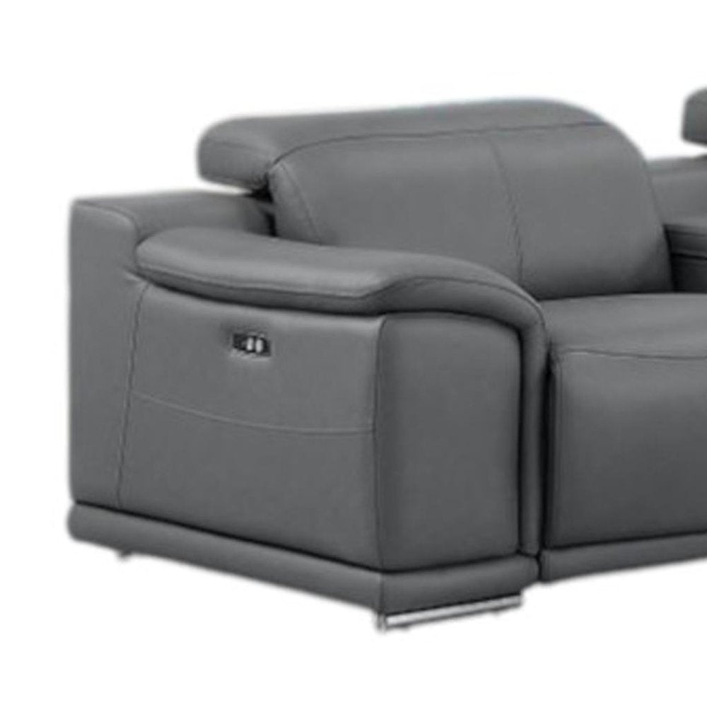 Battleship Gray Leather Modular L Shaped Seven Piece Corner Sectional with Console