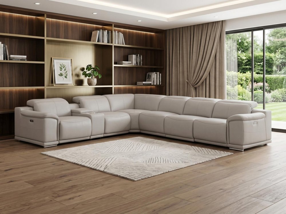 Ash Gray Leather Modular L Shaped Seven Piece Corner Sectional with Console