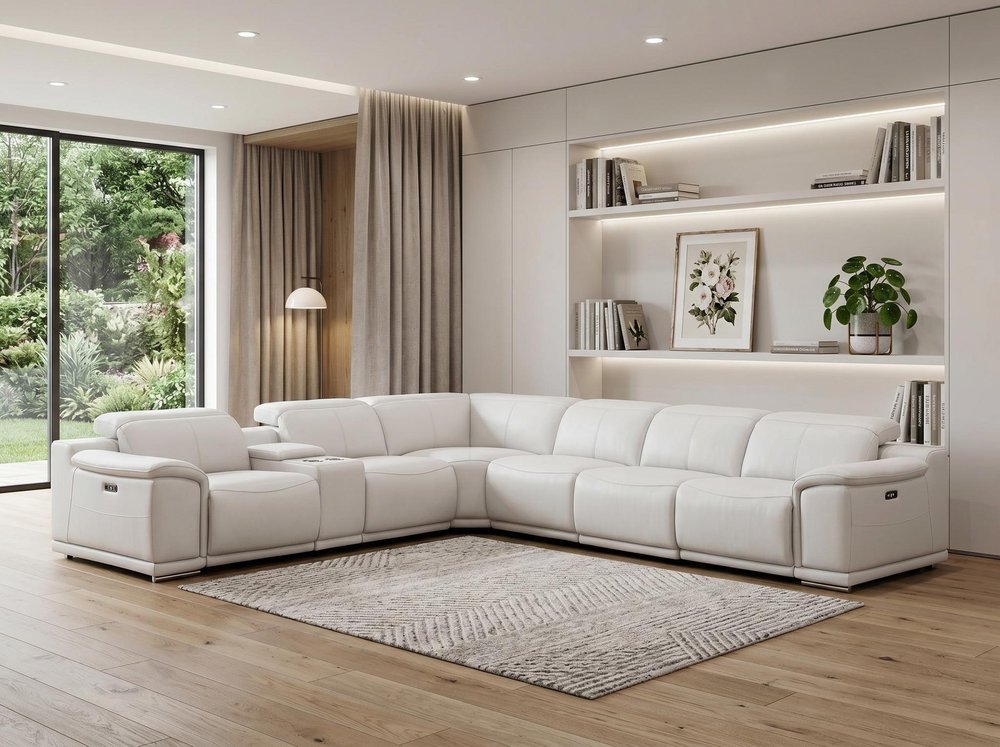 White Leather Modular L Shaped Seven Piece Corner Sectional with Console