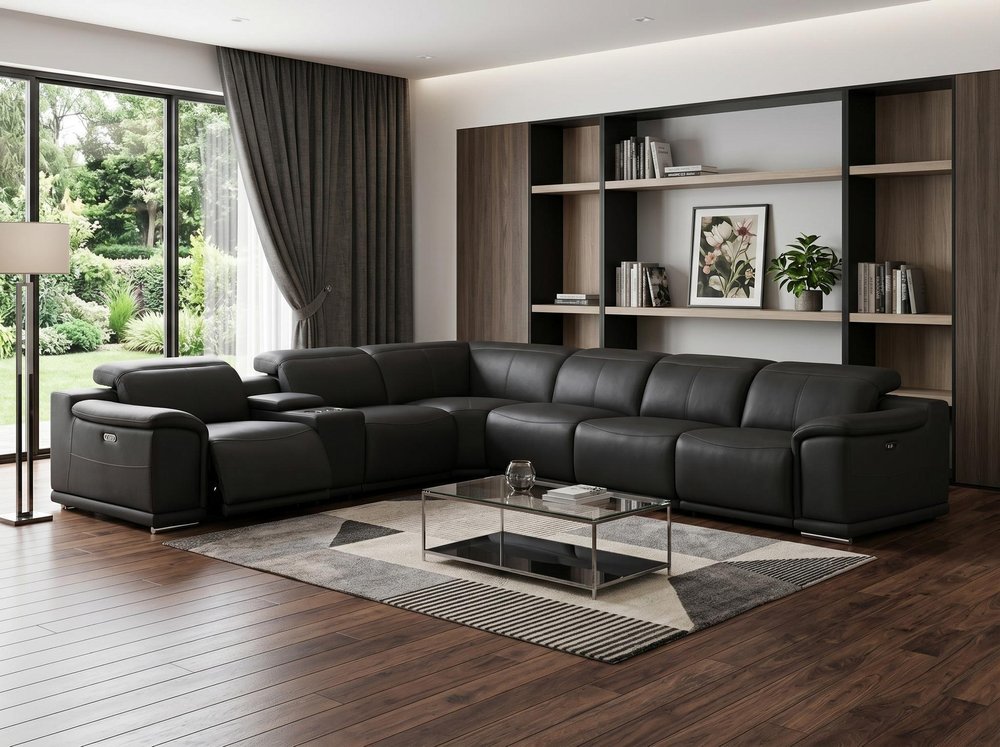 Black Leather Modular L Shaped Seven Piece Corner Sectional with Console
