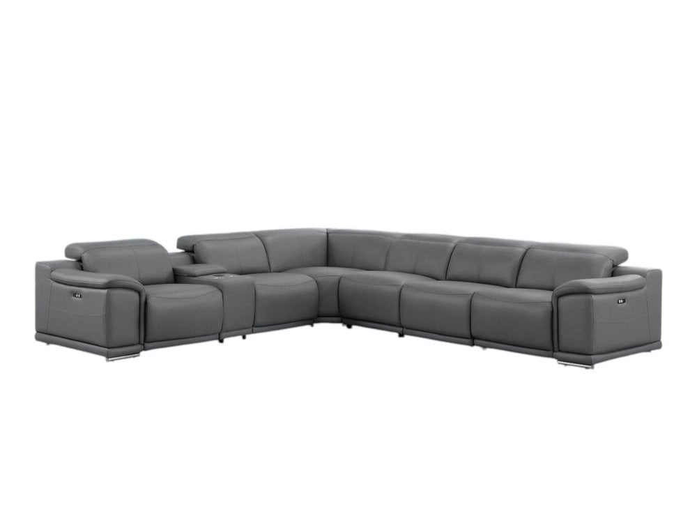 Battleship Gray Leather Modular L Shaped Seven Piece Corner Sectional with Console