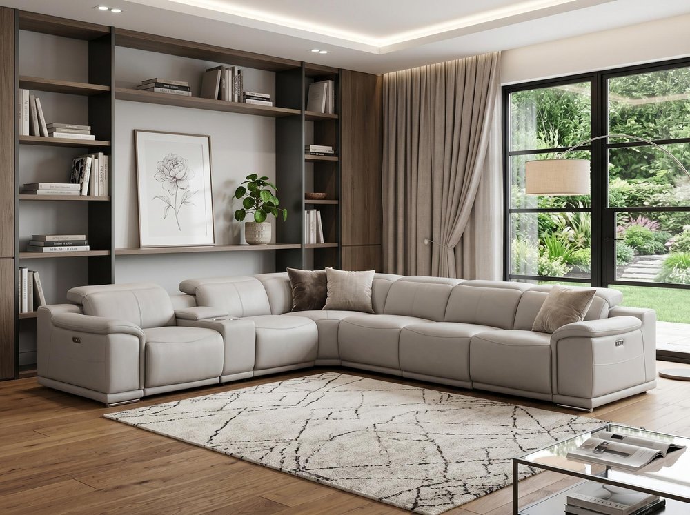 Ash Gray Leather Modular L Shaped Seven Piece Corner Sectional with Console