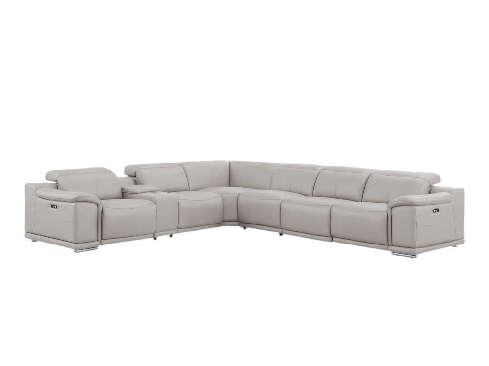 Ash Gray Leather Modular L Shaped Seven Piece Corner Sectional with Console