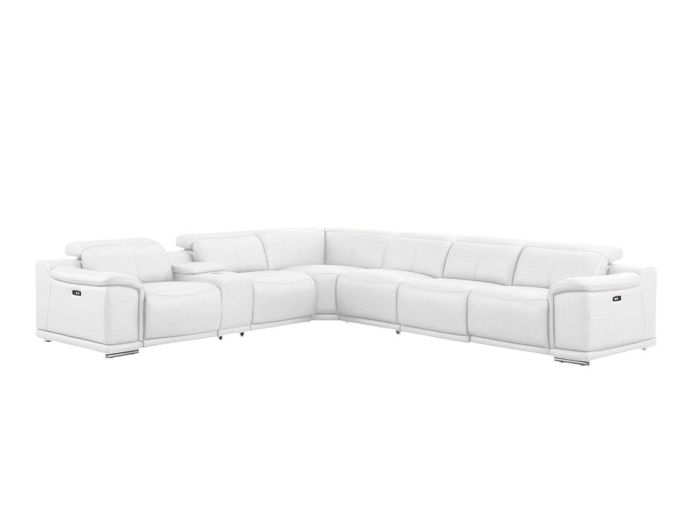 White Leather Modular L Shaped Seven Piece Corner Sectional with Console
