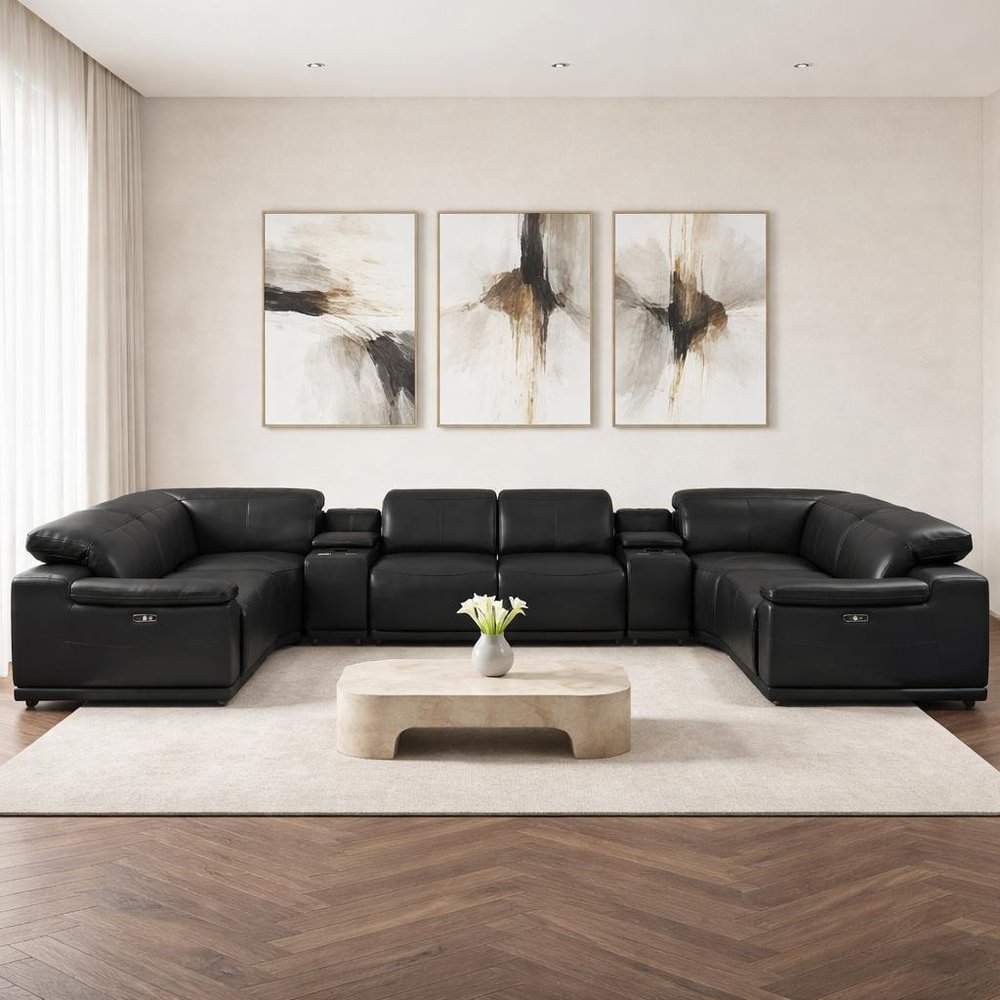 Black Leather Modular U Shaped Eight Piece Corner Sectional with Console