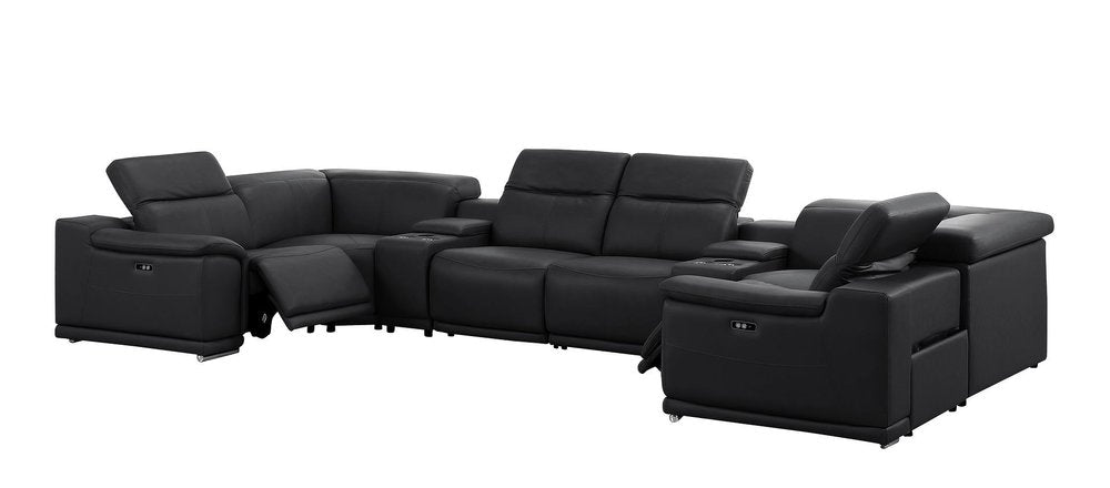 Black Leather Modular U Shaped Eight Piece Corner Sectional with Console