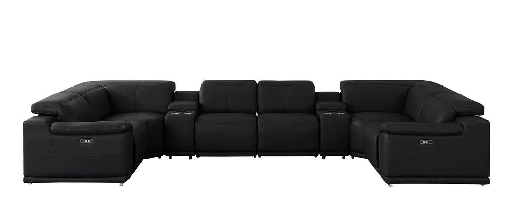 Black Leather Modular U Shaped Eight Piece Corner Sectional with Console