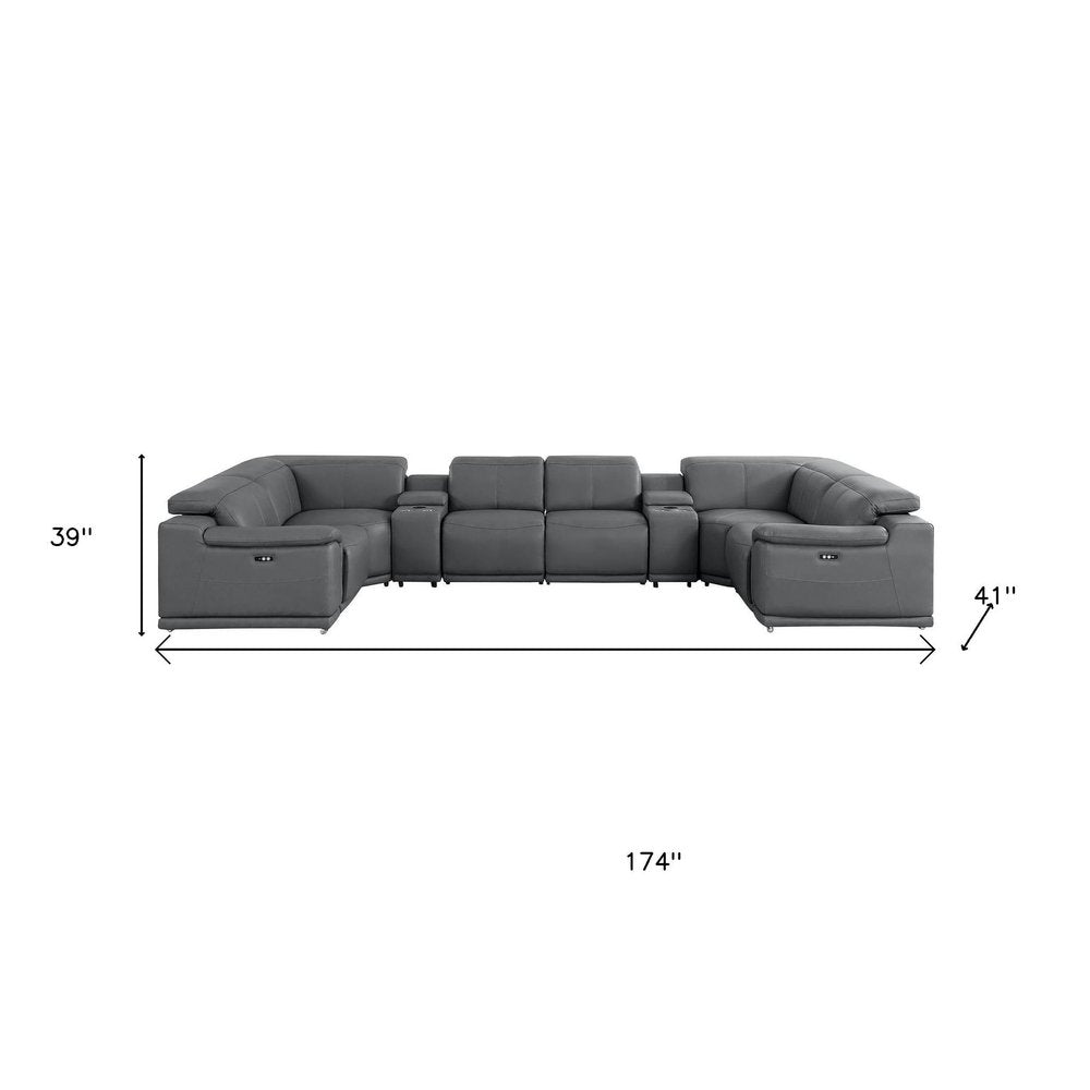 Battleship Gray Leather Power Reclining U Shaped Eight Piece Corner Sectional with Console
