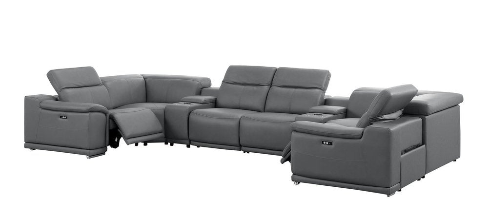 Battleship Gray Leather Power Reclining U Shaped Eight Piece Corner Sectional with Console