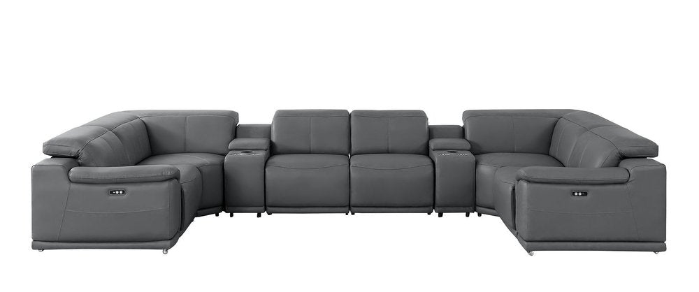 Battleship Gray Leather Power Reclining U Shaped Eight Piece Corner Sectional with Console