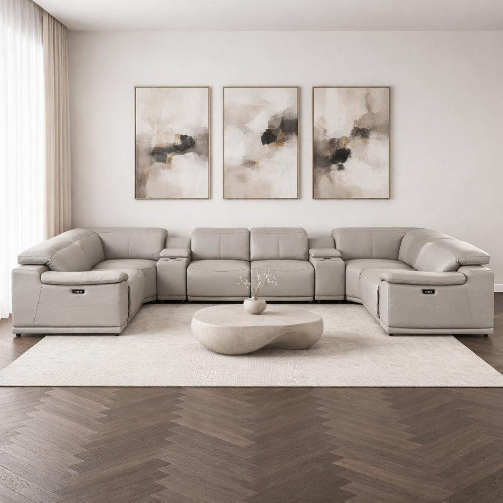 Ash Gray Leather Modular U Shaped Eight Piece Corner Sectional with Console