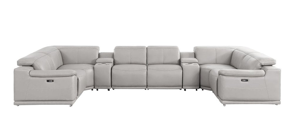 Ash Gray Leather Modular U Shaped Eight Piece Corner Sectional with Console