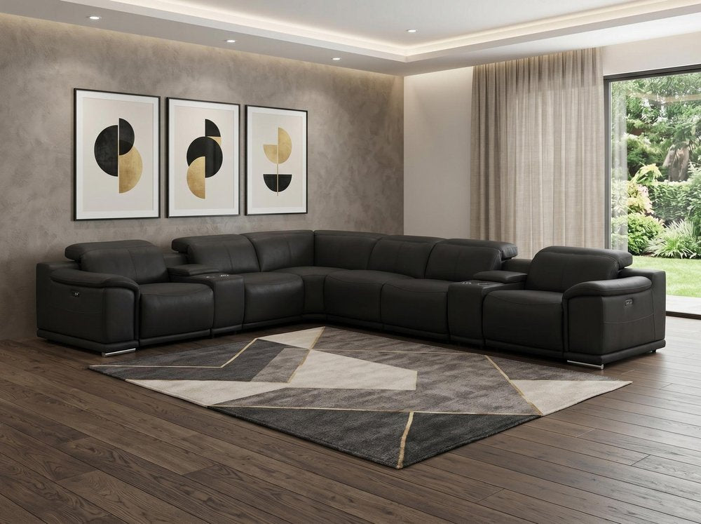 Black Leather Modular L Shaped Eight Piece Corner Sectional with Console