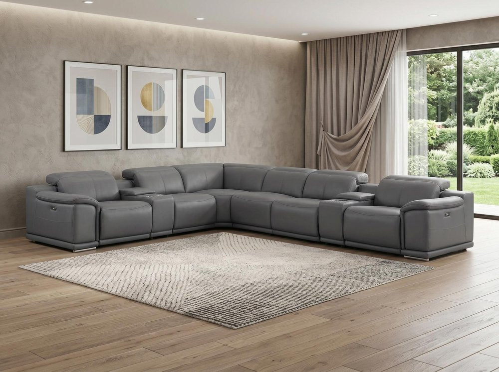 Ash Gray Leather Modular L Shaped Eight Piece Corner Sectional with Console