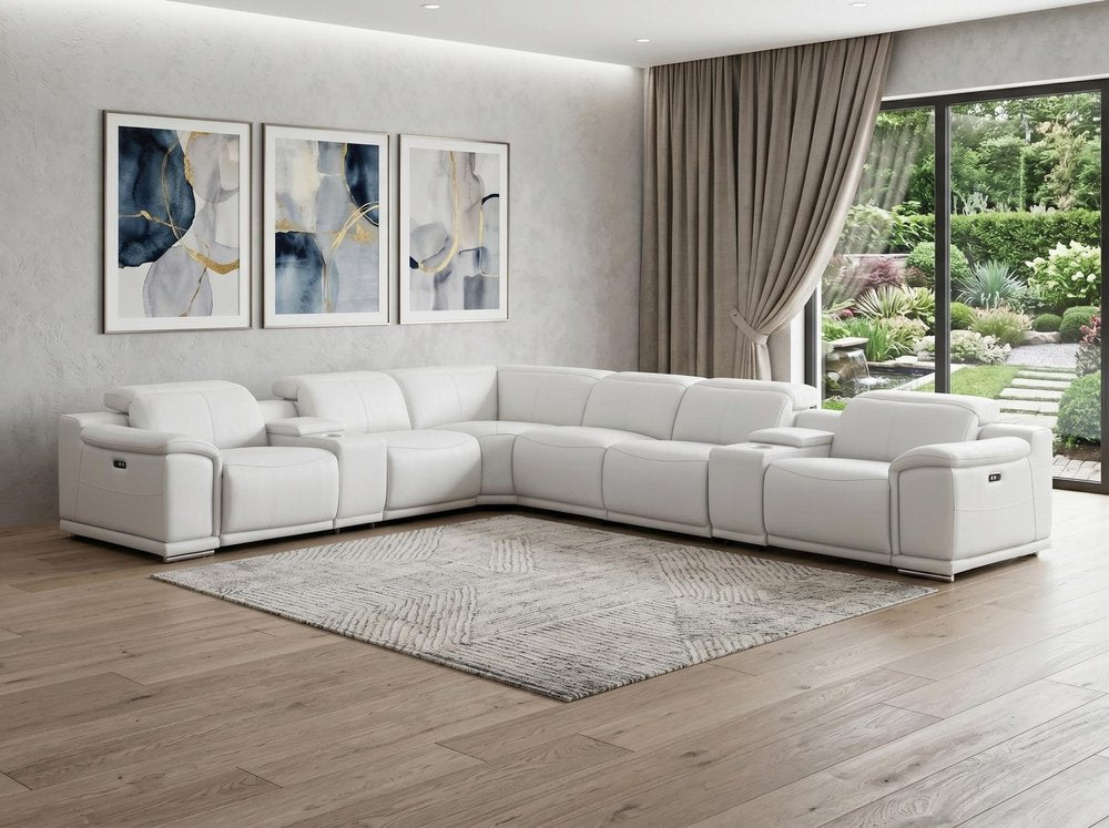 White Leather Modular L Shaped Eight Piece Corner Sectional with Console