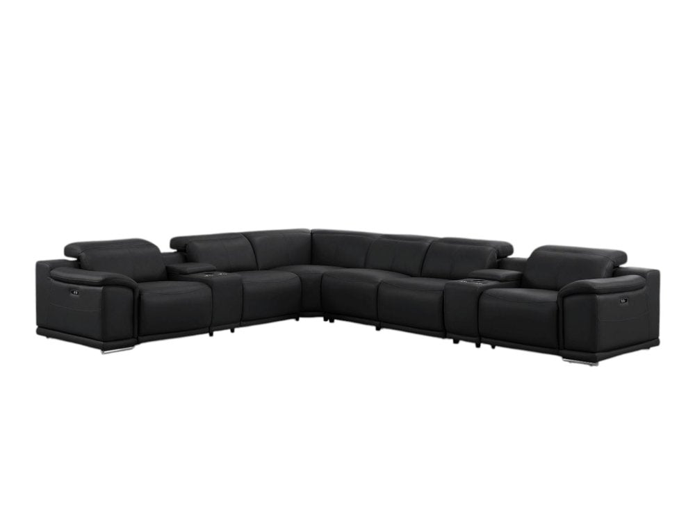 Black Leather Modular L Shaped Eight Piece Corner Sectional with Console