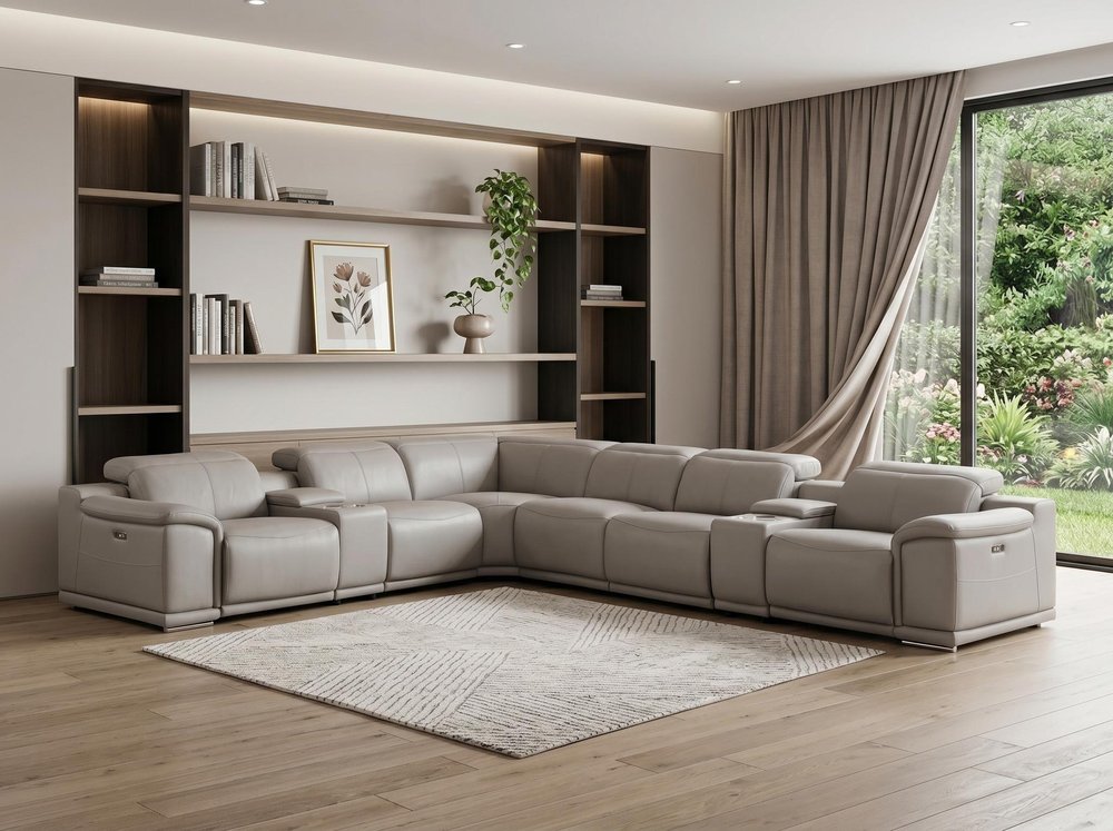 Ash Gray Leather Modular L Shaped Eight Piece Corner Sectional with Console