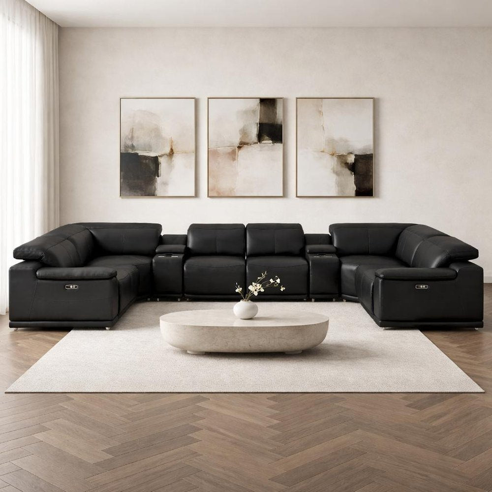 Black Leather Modular U Shaped Eight Piece Corner Sectional with Console