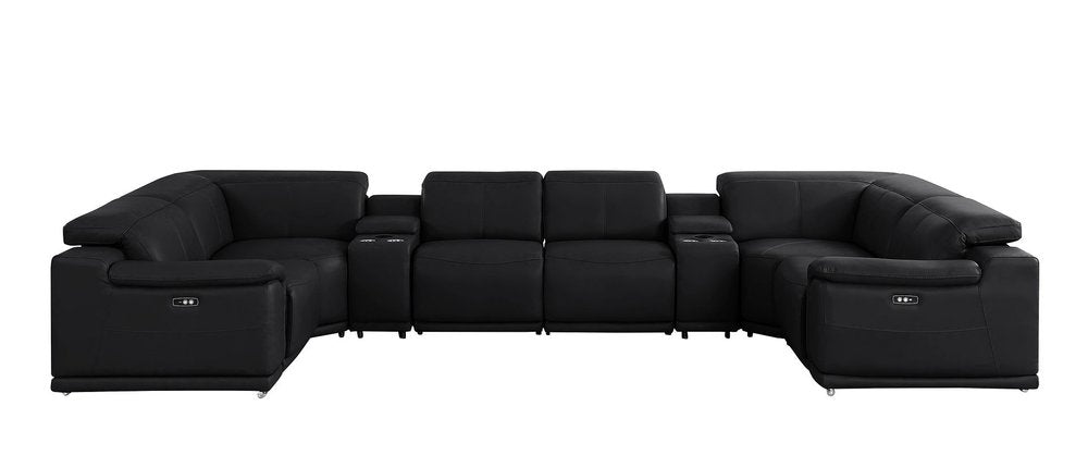 Black Leather Modular U Shaped Eight Piece Corner Sectional with Console