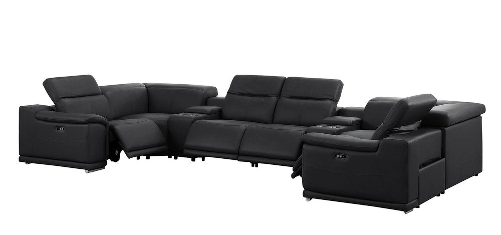 Black Leather Modular U Shaped Eight Piece Corner Sectional with Console