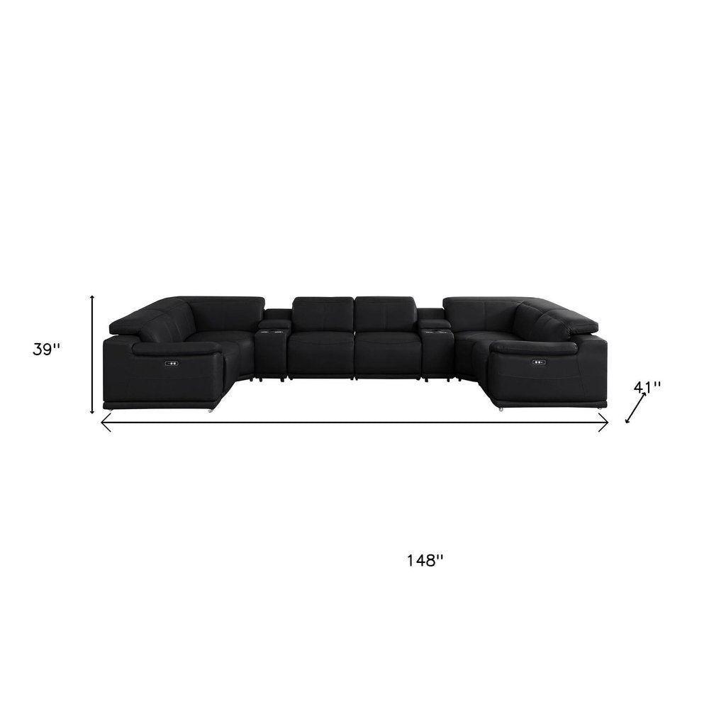 Black Leather Modular U Shaped Eight Piece Corner Sectional with Console