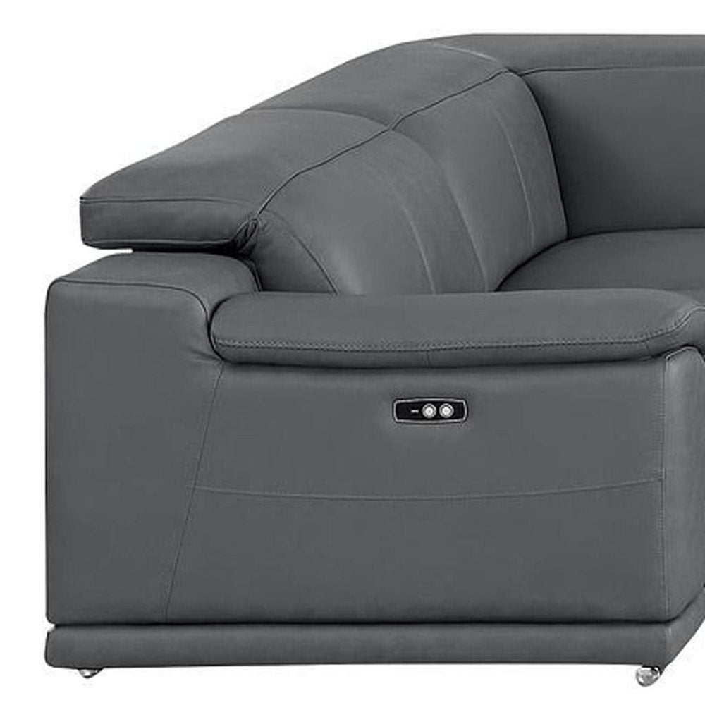 Battleship Gray Leather Power Reclining U Shaped Eight Piece Corner Sectional with Console