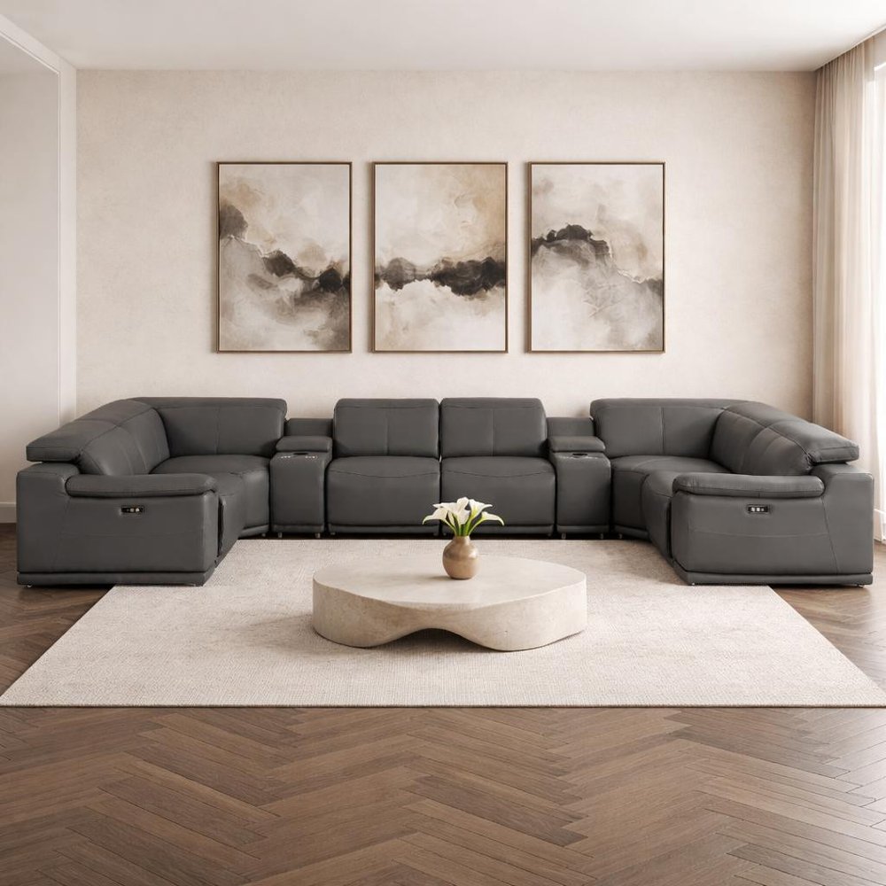 Battleship Gray Leather Power Reclining U Shaped Eight Piece Corner Sectional with Console