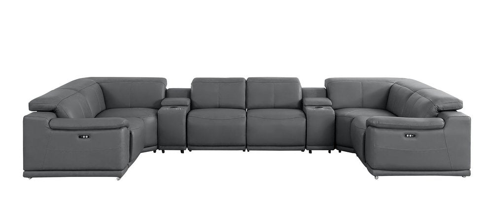 Battleship Gray Leather Power Reclining U Shaped Eight Piece Corner Sectional with Console