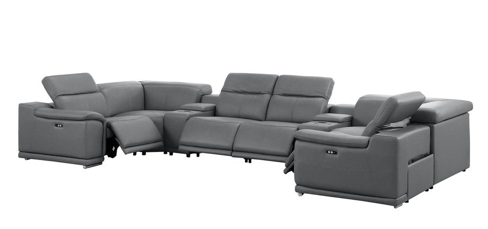 Battleship Gray Leather Power Reclining U Shaped Eight Piece Corner Sectional with Console