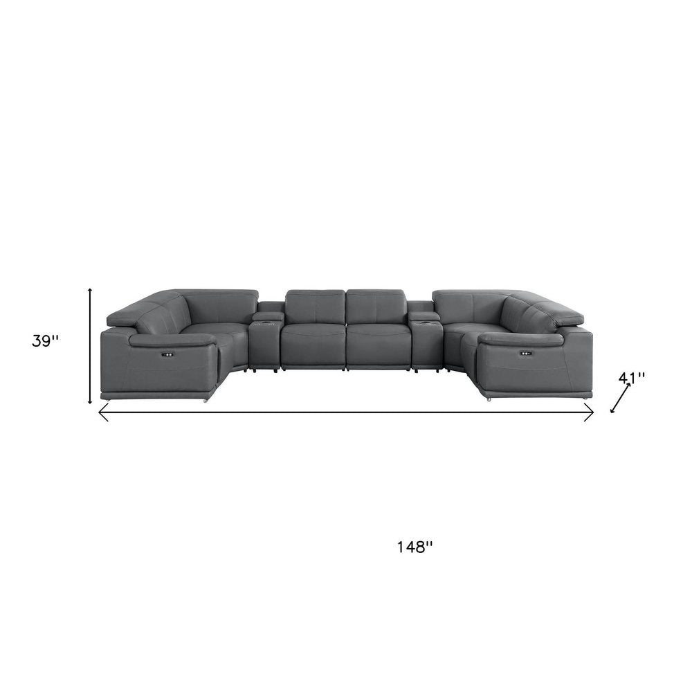 Battleship Gray Leather Power Reclining U Shaped Eight Piece Corner Sectional with Console
