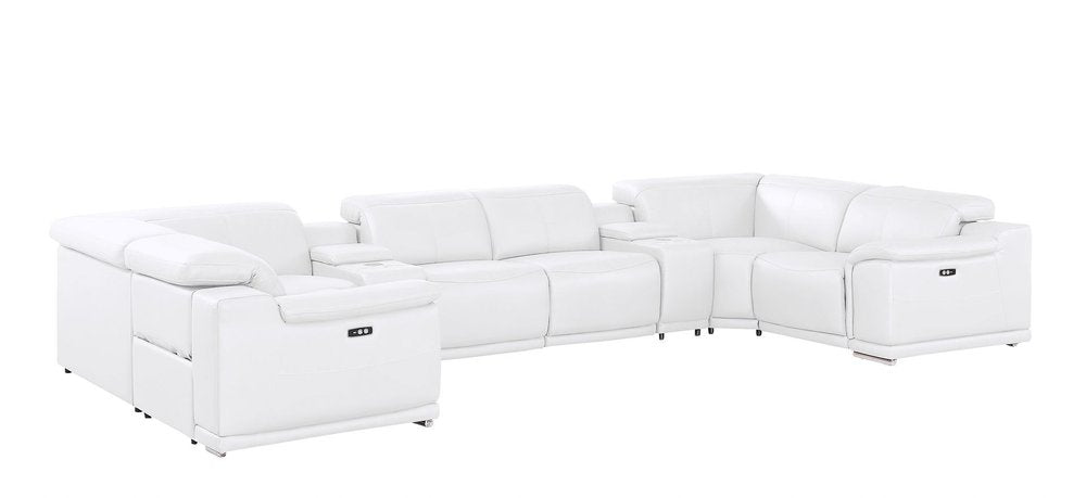 White Leather Power Reclining U Shaped Eight Piece Corner Sectional with Console