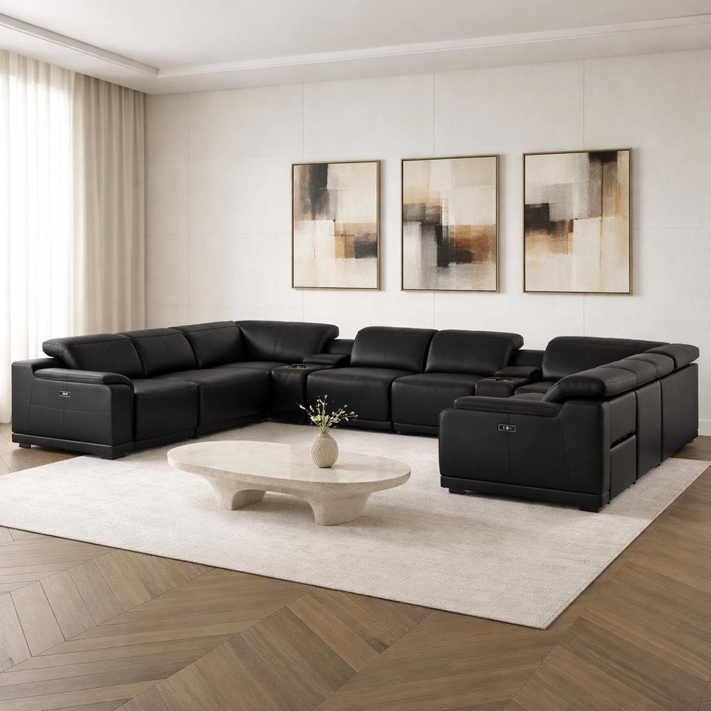 Black Leather Modular U Shaped Ten Piece Corner Sectional with Console