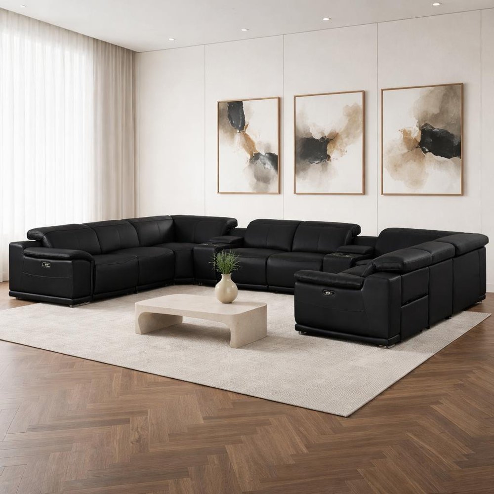 Battleship Gray Leather Modular U Shaped Ten Piece Corner Sectional with Console