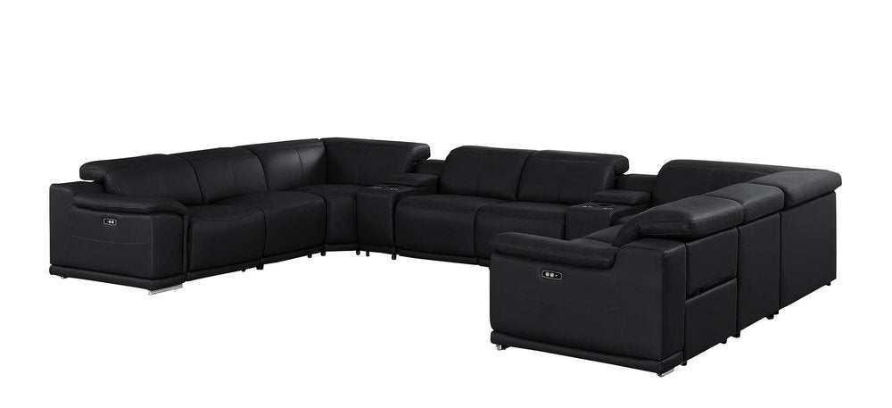 Battleship Gray Leather Modular U Shaped Ten Piece Corner Sectional with Console