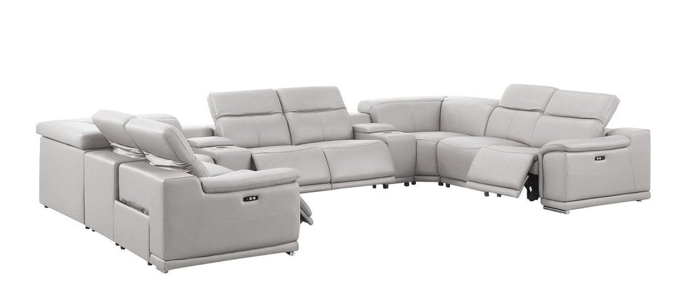Ash Gray Leather Modular U Shaped Ten Piece Corner Sectional with Console