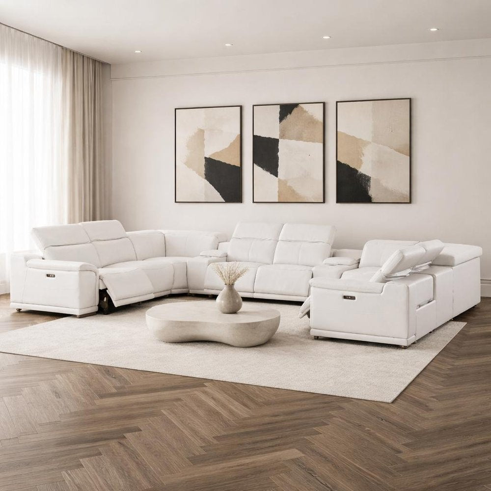 White Leather Modular U Shaped Ten Piece Corner Sectional with Console