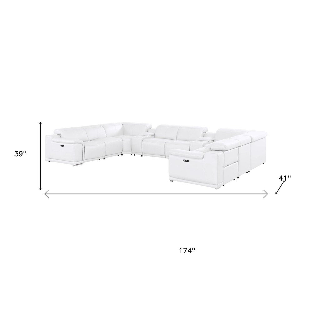 White Leather Modular U Shaped Ten Piece Corner Sectional with Console